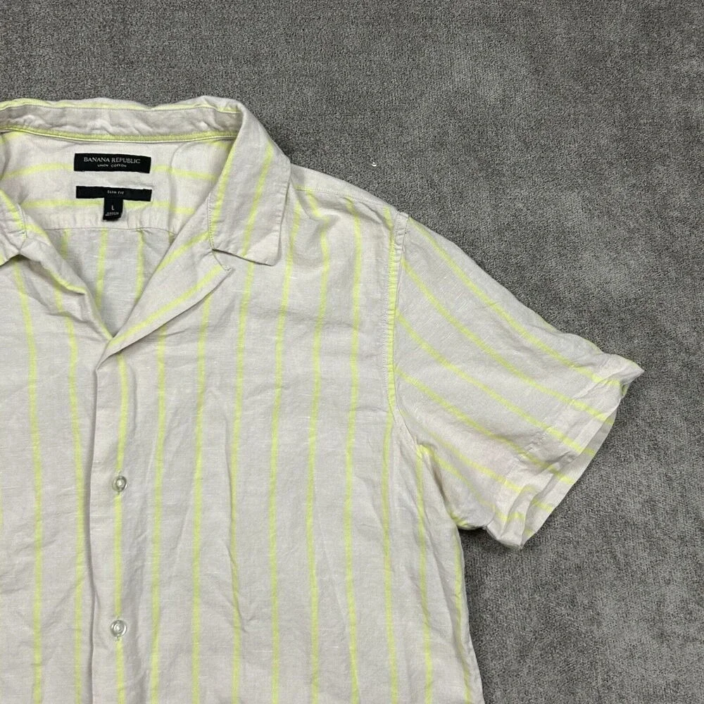 Banana Republic Shirt Mens Linen BlendCamp Collar Large Slim Fit Tan Striped